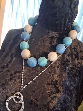 Thread Wrapped Blue and Grey Beaded Statement Necklace 16 In & Circle Link